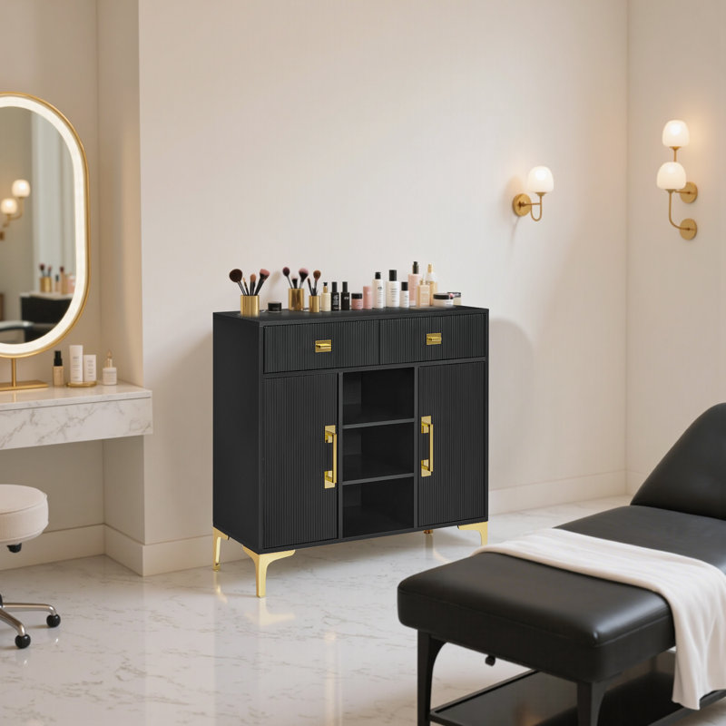 Fluted Accent Cabinet with 2 Drawers, Open Shelves & 2 Adjustable Cabinet Space, Black