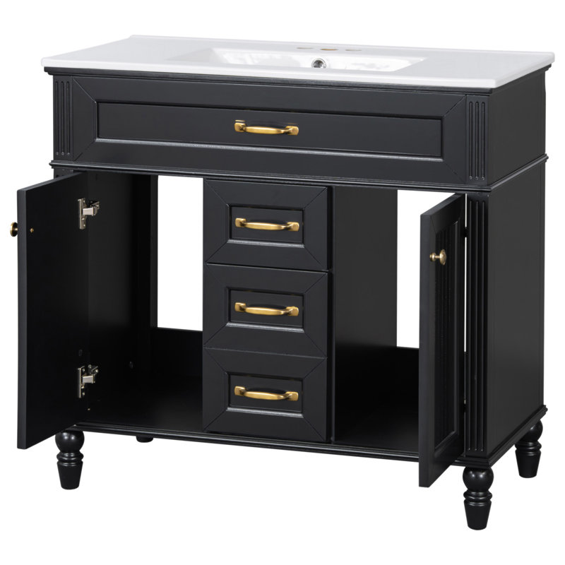 Meuble-lavabo de 36 po avec lavabo et meuble-lavabo autoportant avec lavabo en céramique, cadre en bois aggloméré et en bois massif, tiroir supérieur rabattable, portes à fermeture en douceur, 2 tiroirs de rangement, poignées dorées