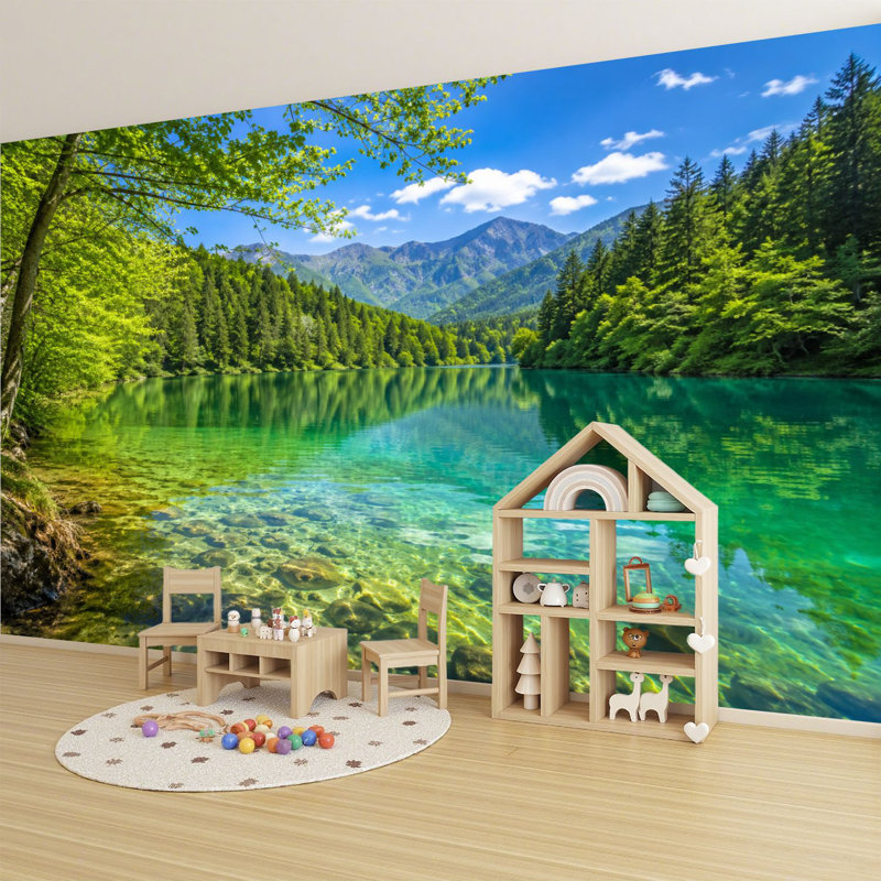 Papier peint adhésif auto-adhésif moderne pour la chambre à coucher avec fond de lac Evergreen