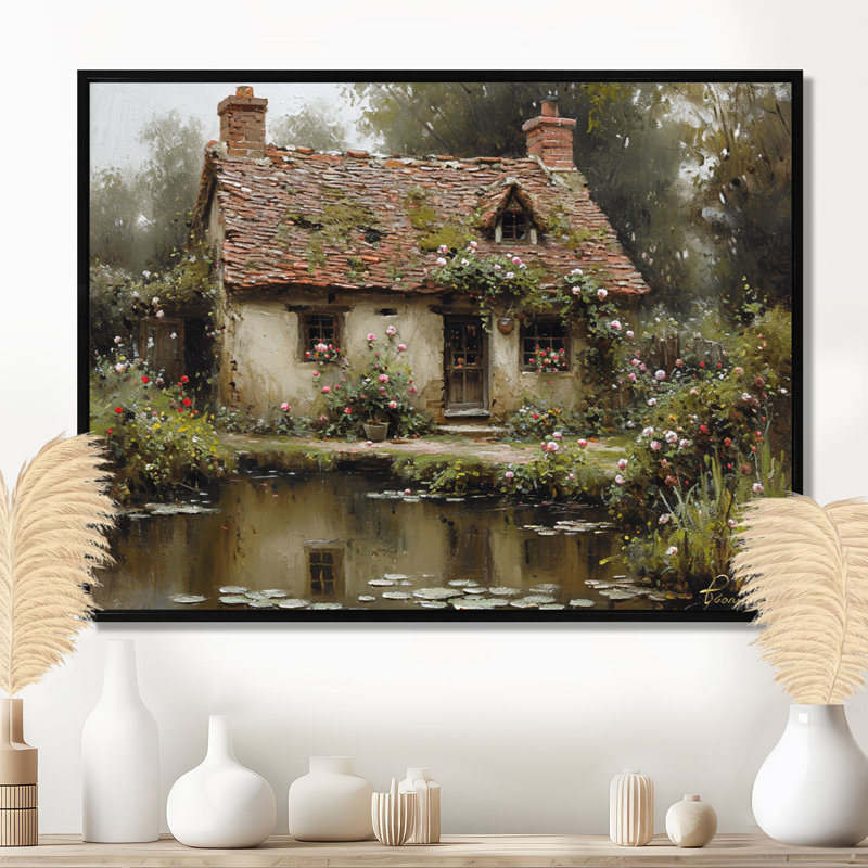 Mystérieuse maison de campagne rustique près de l'étang - impression d'art mural campagne, Toile avec cadre flottant noir