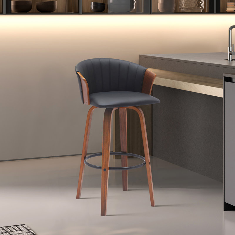 Boeschen Swivel Counter or Bar Height Upholstered Bar Stool with Arms and Footrest in Wood, Faux Leather Gray/ Brown Frame