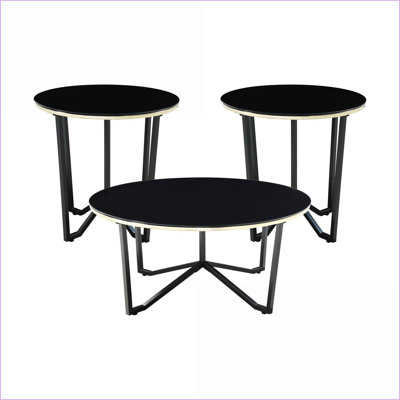 Ensemble de 3 tables basses de salon avec plateau en verre trempé noir Structure en métal, facile à nettoyer