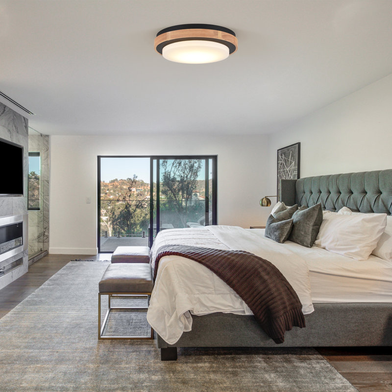 Modern Drum Design Circle Wood LED Flush Mount Ceiling Light Fixture For Kitchen, Bedroom, Foyer, Hallway, Laundry Room