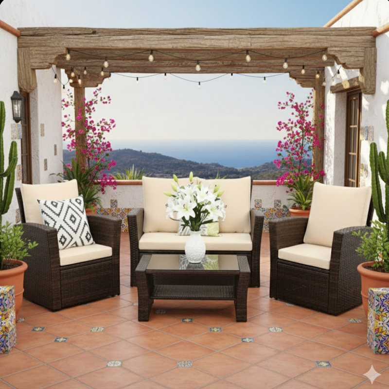 4-Piece All Weather Wicker Patio Conversation Set with Brown Cushions and Glass Table, Beige, Brown