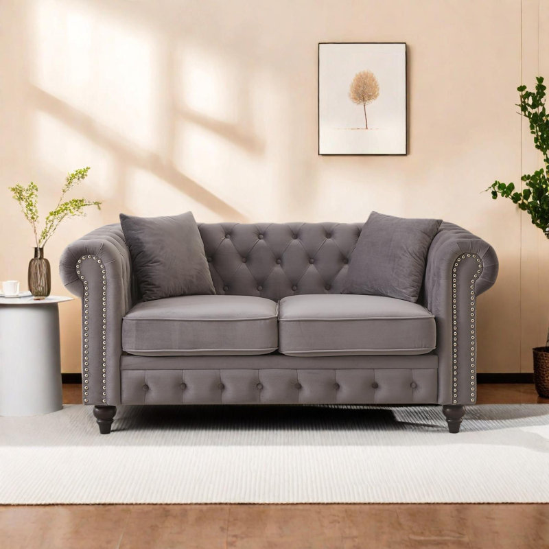 Canapé Chesterfield 63,5 po en velours capitonné, Gris