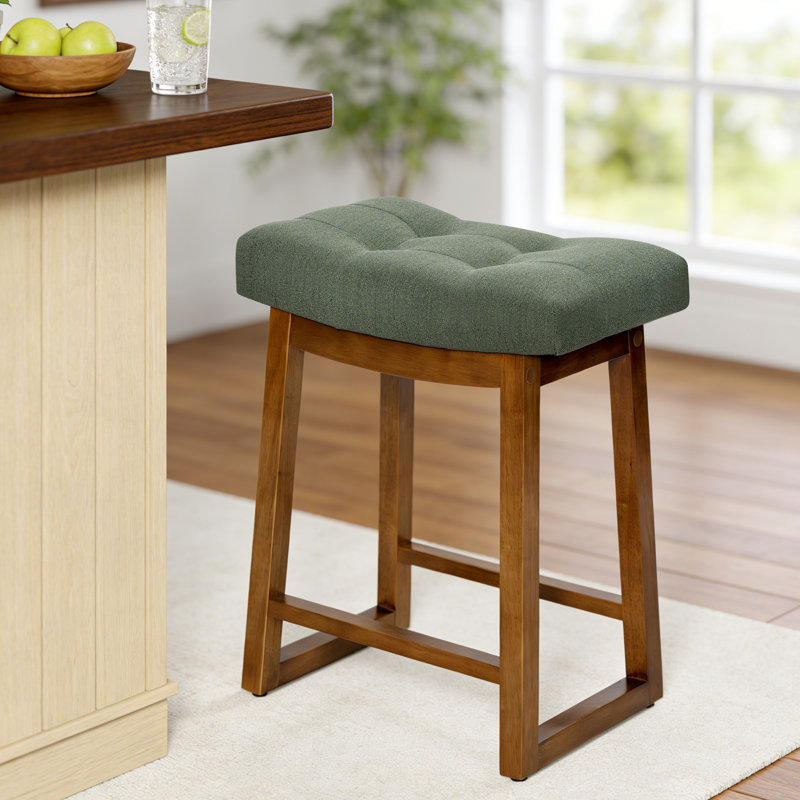 Tabouret de bar 24 po à hauteur de comptoir avec structure en bois pour îlot de cuisine, Lin vert / bois