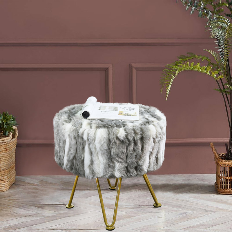 Repose-pieds multi-jacquard rond en fausse fourrure, Fausse fourrure grise