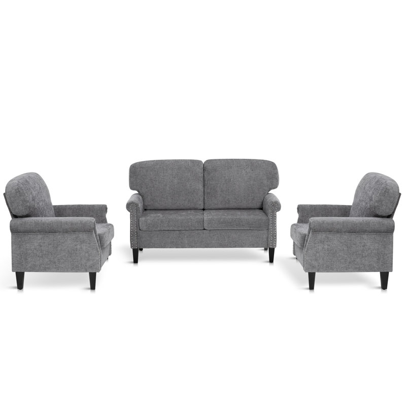 Four-Seater Solid Wood Sofa With  Linen Fabric, Gray