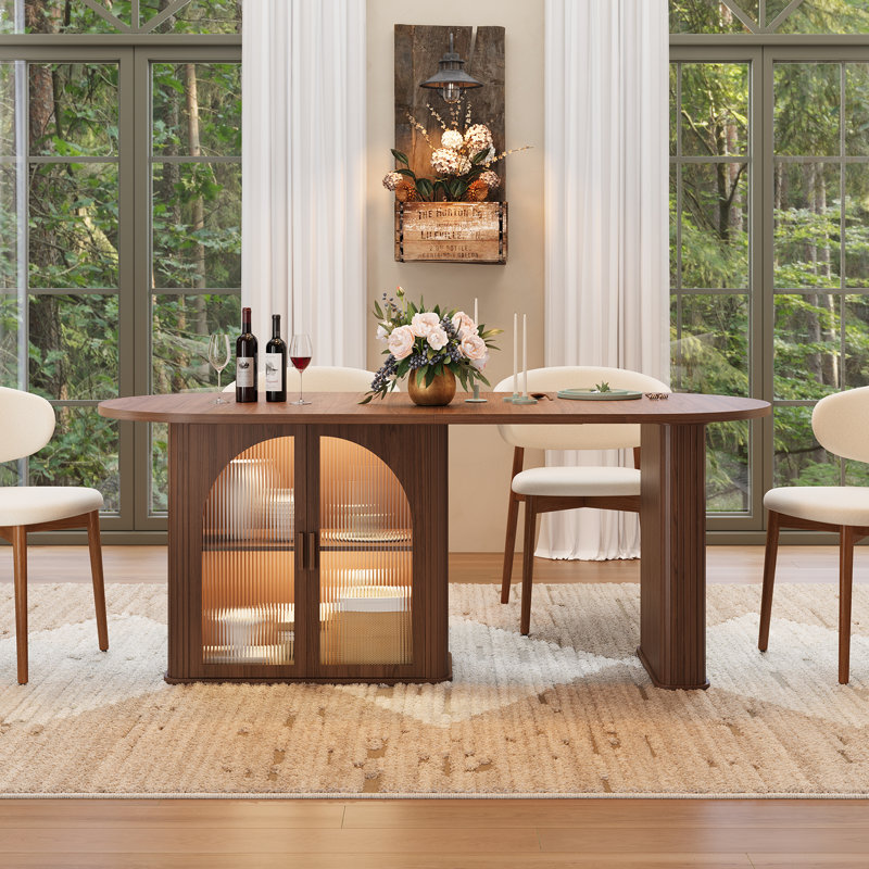 Table de salle à manger 70,8 "ovale pour 6-8, table de salle à manger moderne avec armoire de rangement à 2 niveaux et lumières DEL pour la cuisine, le salon, le bureau