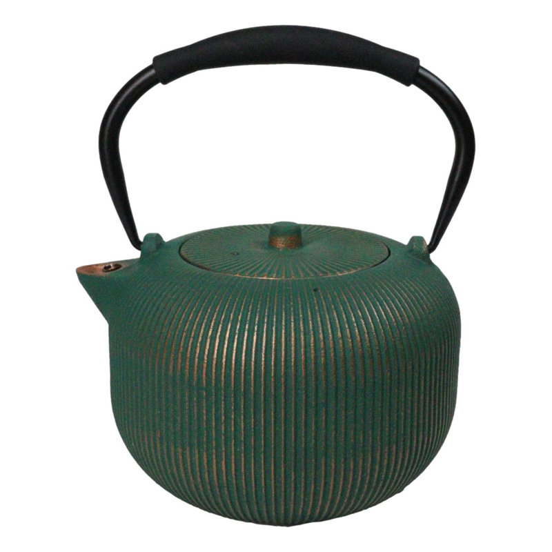 Théière Tetsubin en fonte, grand format, motif de lignes verticales Tokusa vert et or, 975 ml (33 oz).
