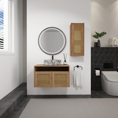 30-Inch Wall-Mounted Bathroom Vanity With Vessel Sink And Matching Side Storage Cabinet