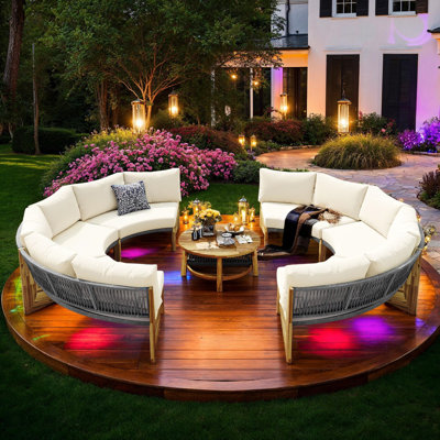 All-Weather Circle 6-Seat Outdoor Sectional Sets with Acacia Table