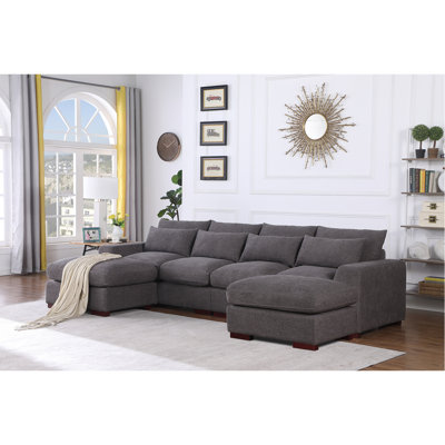 Linen Blend Sectional With 2 Ottomans