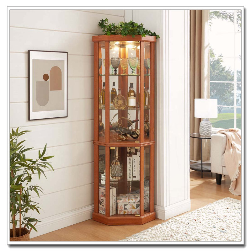 Armoire d'angle en verre avec tablettes réglables, Chêne foncé