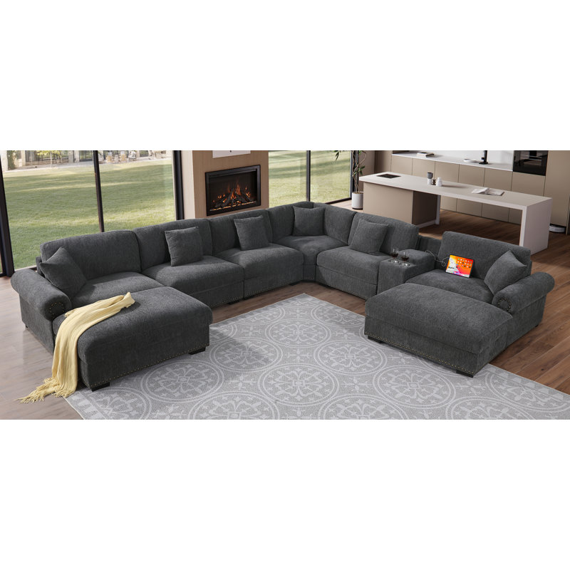 Errett Upholstered Fabric Large Reversible Corner Sectional Cloud Couch with Two Ottomans, Storage Console with Cup Holders & Charging Ports