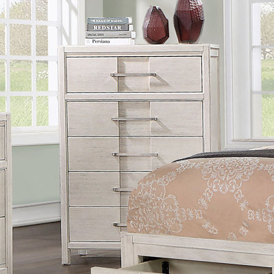 Commode 1 pièce style transitionnel à queue d'aronde anglaise à cinq tiroirs avec poignées courbées et finition blanche