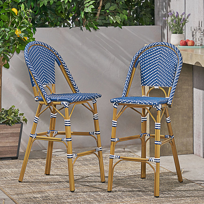 Set Of 2 Outdoor PE Rattan French Barstool, Teal Blue