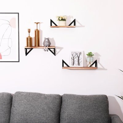 3 tablettes flottantes en bois naturel - Supports et fixation murale pour chambre à coucher, salon, cuisine, salle de bain longue 3 avec baignoire