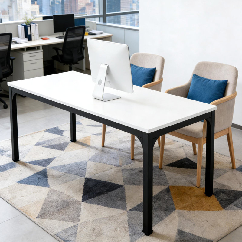 Modern Work Desk With And Iron Build, 27.55"d Wide, 78.74"w Long Surface, 29.52"h Height, Dual Computer Setup, Industrial - Style Look, Adjustable Foot Pads, Fast Assembly, Black Rectangle 0.59"