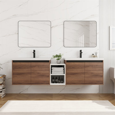 Meuble-lavabo mural 72 po avec lavabo de comptoir en résine, 1 tablette de rangement, 4 portes à fermeture douce
