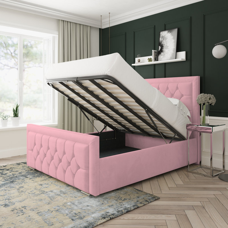 Maple Plush Velvet Upholstered Ottoman Bed Frame, Single (3'), Pink