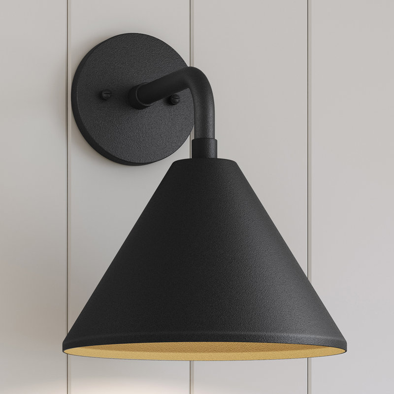 Ebern Designs Covington 1 Light Outdoor Wall Sconce in Textured Black with Black Aluminum Shade, 14.89" H x 12" W x 14.22" D