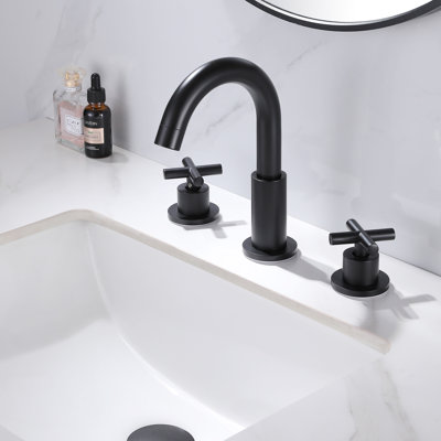 Modern 8" Widespread Cross Handles Bathroom Sink Faucet in Matte Black With Drain Assembly