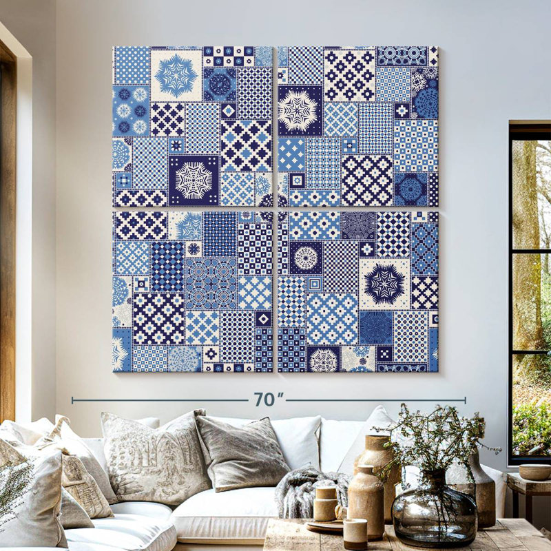 Blue Geometric Patchwork, 57" H x 57" W