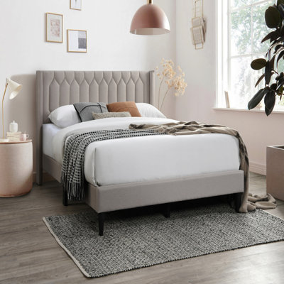 Modern Eye-Catching 1-Piece Full Size Bed Frame Light Brown Burlap Fabric Upholstered Unique Diamond Design With Headboard Bed Frameframe