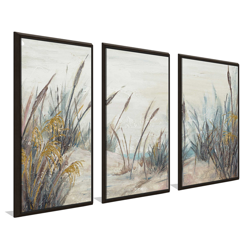 Tall Beach Grass - 3 pièces, peinture sur toile à cadre flottant, L 52,5 po x H 33,5 po