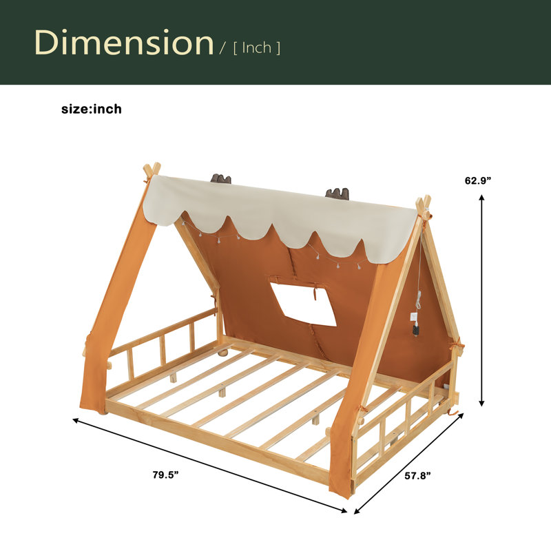 Lit maison avec tente et lumière, Lit double, Brun