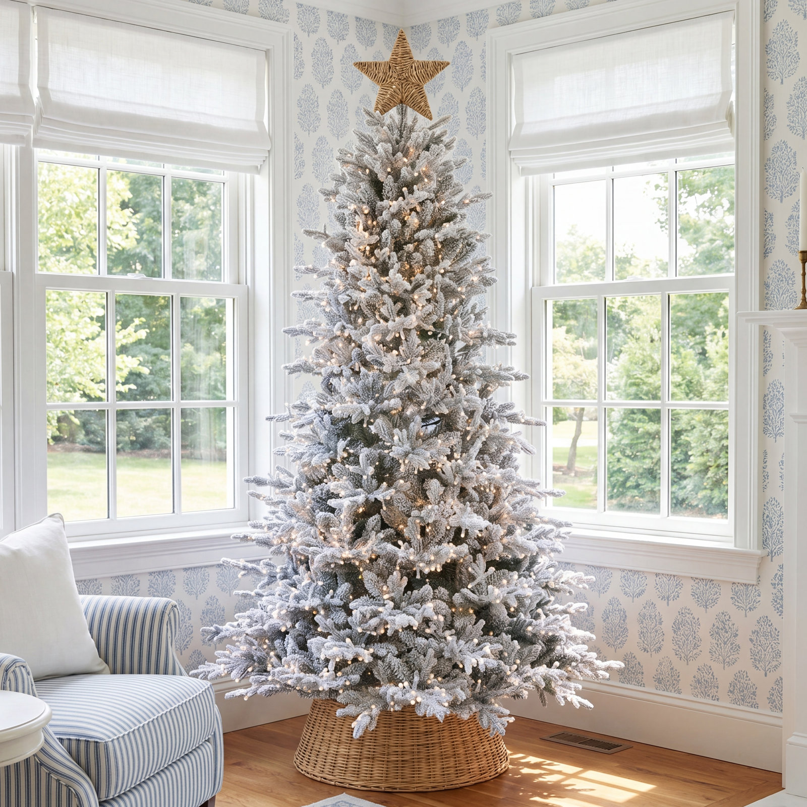 Dandan Flocked Lighted Artificial Christmas Tree - Includes a Tree Storage Bag and Remote Control, 7'