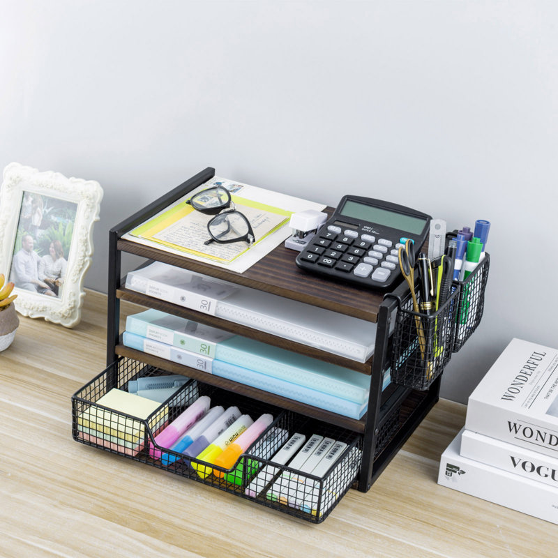 Organisateur de bureau à 4 niveaux en bois et métal avec plateau à accessoires en métal