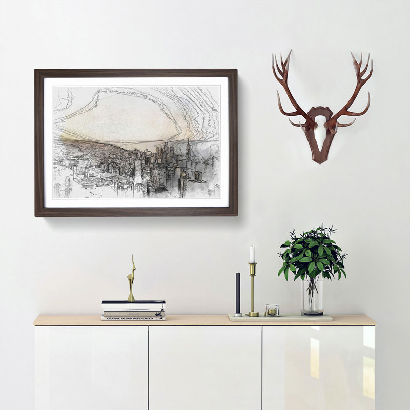 High over the Chicago Skyline in Abstract - Picture Frame Graphic Art Print, 48cm H x 65cm W x 2cm D, Walnut Framed
