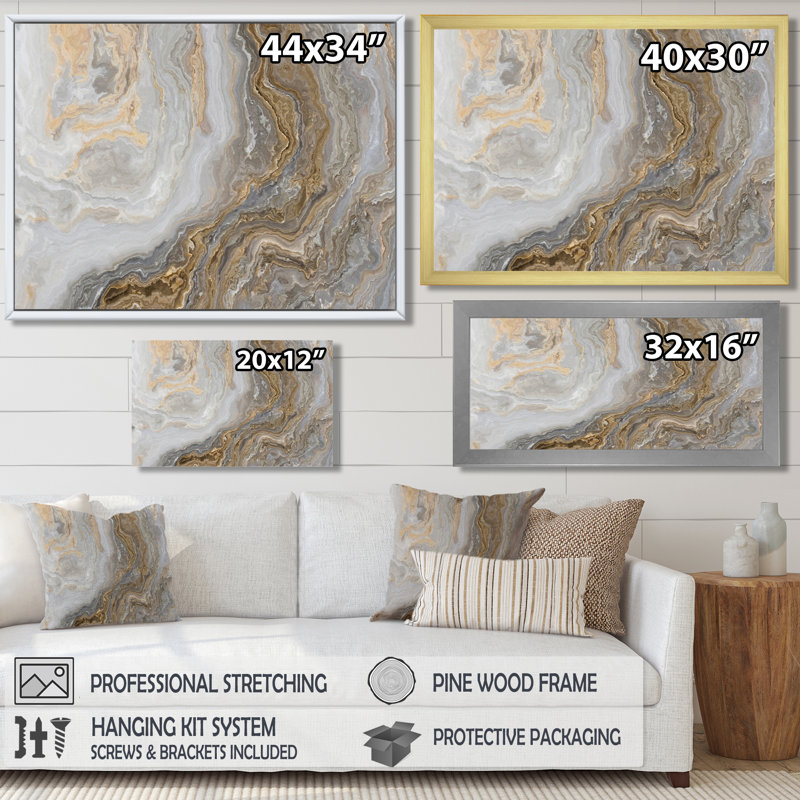 Art mural en marbre - marbre blanc avec veines de gris Curley et or - reproduction d'art sur toile, H 30 po x l 40 po, Doré