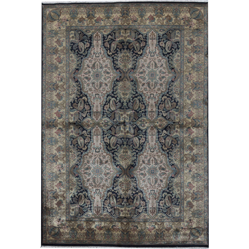 Tapis bleu et doré de haute qualité noué à la main