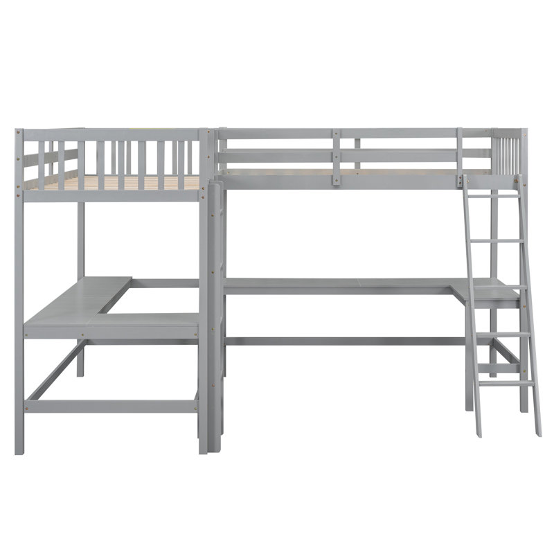 Wood Twin Size L-Shaped Loft Bed with Ladder and 2 Built-in L-Shaped Desks, Grey