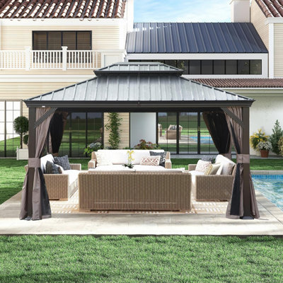 Pavillon de jardin extérieur 10 X 13 pi, pavillon de jardin à toit rigide avec double toit en acier galvanisé, pavillons de jardin en métal avec système de drainage pour terrasse de patio, rideau et filet