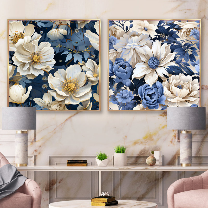 Oxley - Ensemble de 2 collages floraux carrés, Cadre flottant doré, H 30 po x l 61 po