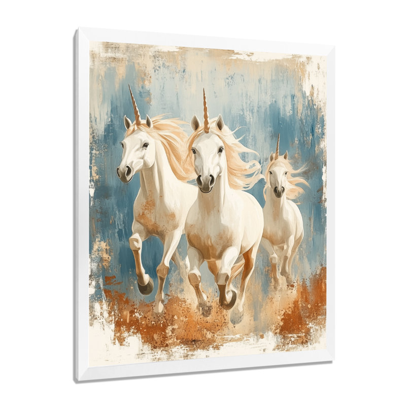 Trio de licornes au galop - Affiche encadrée de licornes, H 32 po x l 24 po, Cadre photo blanc