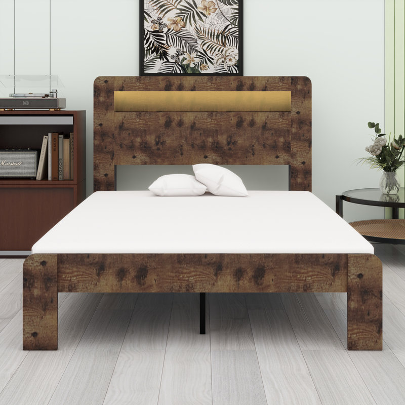 Base de lit plateforme Smart Wood avec tête de lit à DEL, deux ports USB et rangement spacieux sous le lit, Lit double