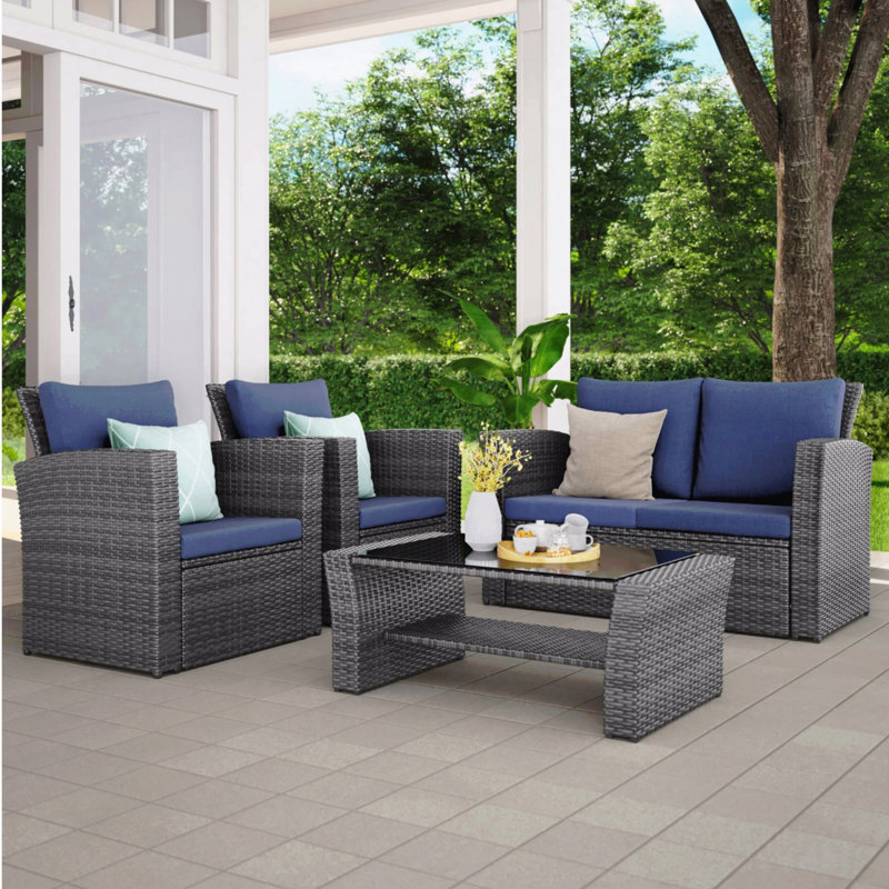 4-Piece Wicker Patio Conversation Set With Glass Table And Blue Cushions, Blue