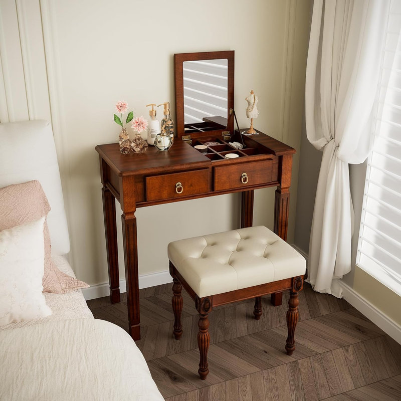 Solid Wood Makeup Vanity Table Set, Brown/Beige