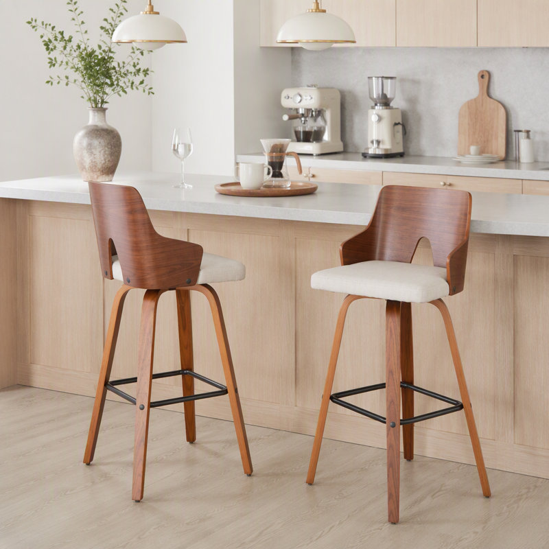 Tabouret de bar à hauteur fixe avec pivot en bois de noyer, tissu beige et repose-pieds carré en métal noir - ensemble de 2