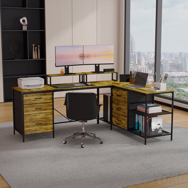 Bureau en L 114 po avec concentrateur électrique, bureau de jeu industriel - 6 tiroirs, support pour écran amovible, bureau rustique brun