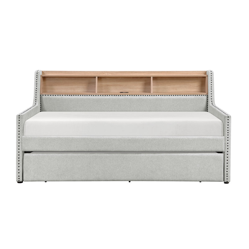 1Pc Light Gray Daybed With Pull-Out Trundle Bookcase Side Panel Charging Ports Nailhead Trim Modern Design Furniture