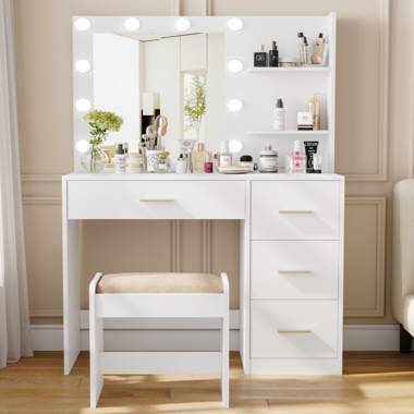 Latitude Run® Vanity Desk with Mirror and Lights,White Makeup Vanity with  Power Outlet & Storage Stool & Reviews