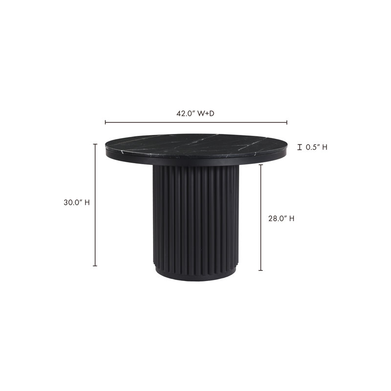 Ione Round Marble Top Metal Base Dining Table, Black Marble/Black
