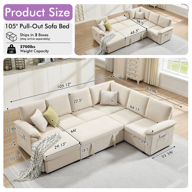 U-Shaped Sleeper Sectional Sofa Bed with Pull-Out Bed and Storage for Living Room ,Off-white, Off-white