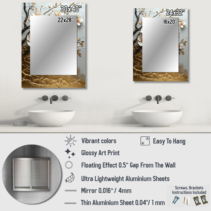 Rose doré, branche de cerisier en fleurs sur la colline II - miroir mural décoratif cerisier en fleurs, miroir traditionnel, impression sur métal